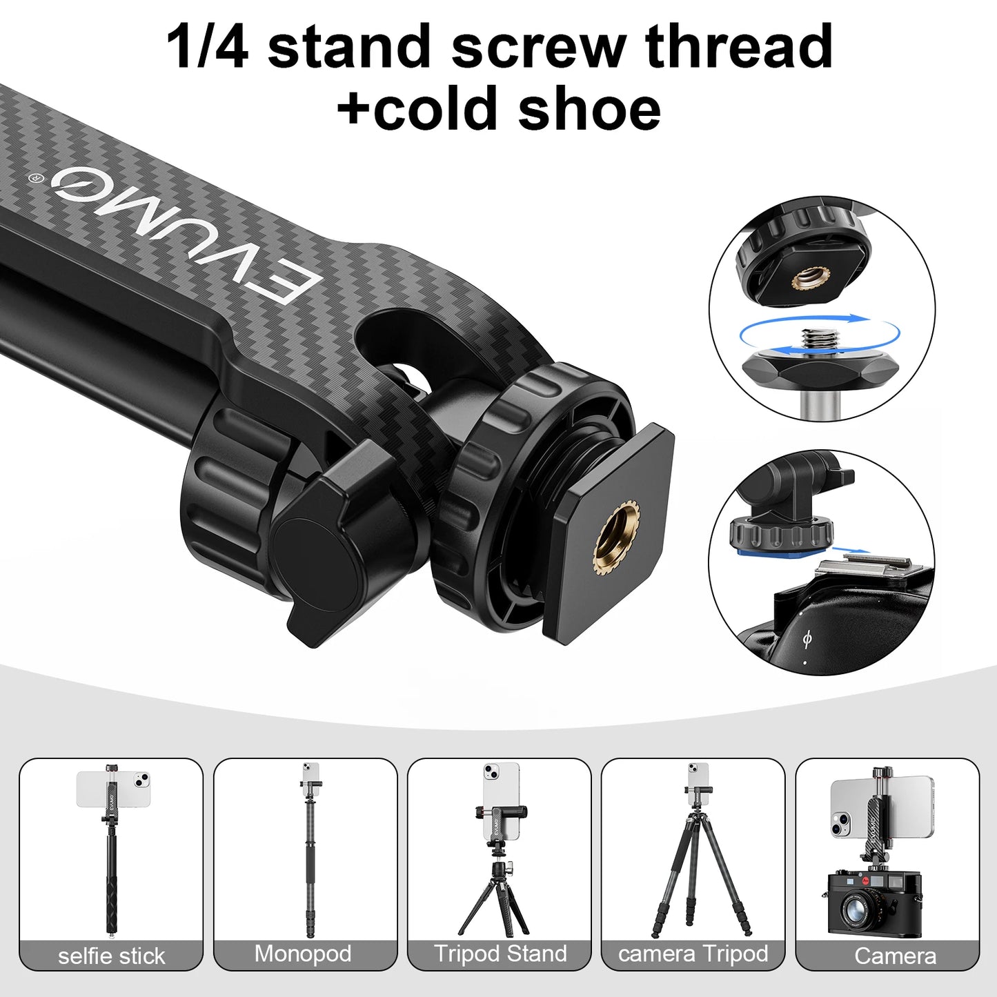 Phone Holder Clamp Tripod Phone Mount Dual Cold Shoe Clip 360°Rotatable 180ºTilt EVUMO PM11 for 1/4 Screw Tripod Camera Monopod