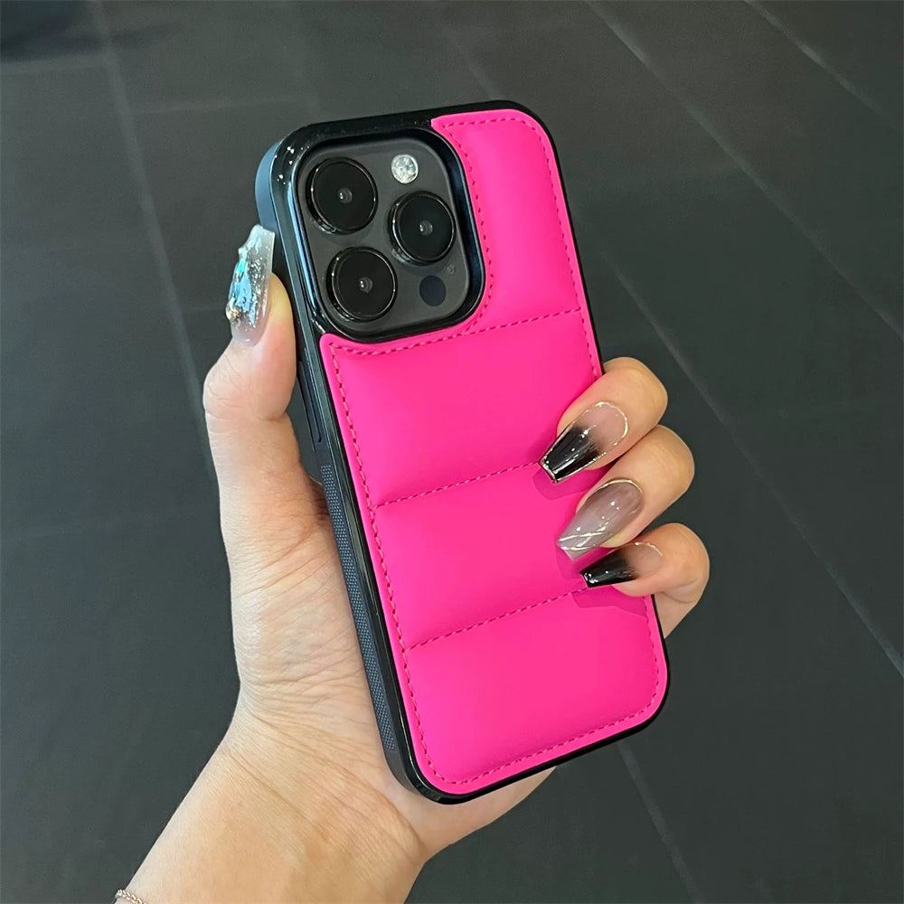 Fashion Down Jacket Puffer Case for iPhone Soft Fabric Silicone Shockproof Funda Cover.