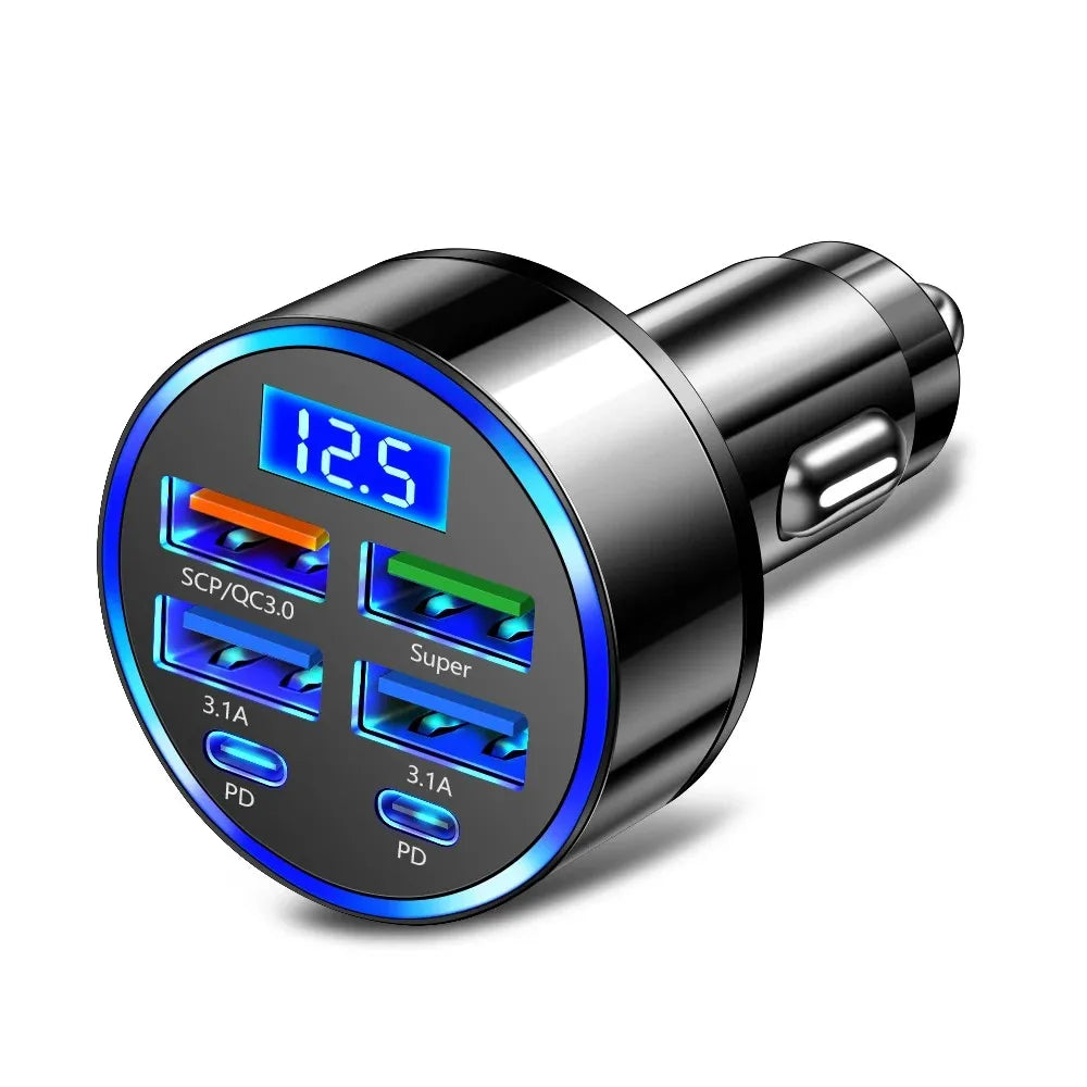 100W 6 Ports Car Charger Fast Charging USB Type C Car Lighter PD QC3.0 Car Phone Charger.