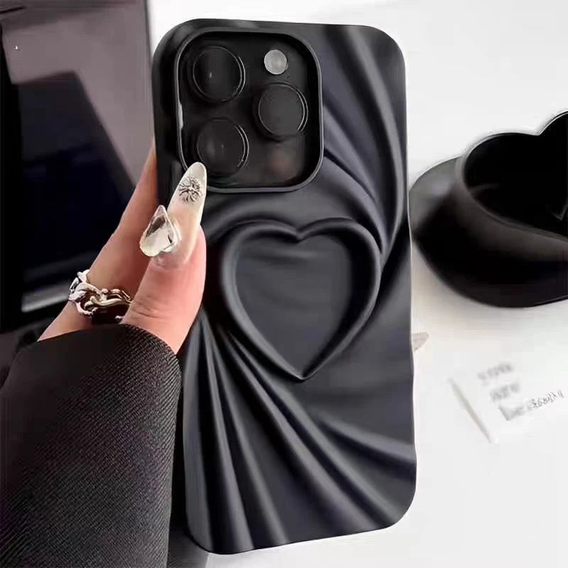 Fashion Fold Wrinkle 3D Love Heart Phone Case For iPhone Matte Silicone Full Cover.
