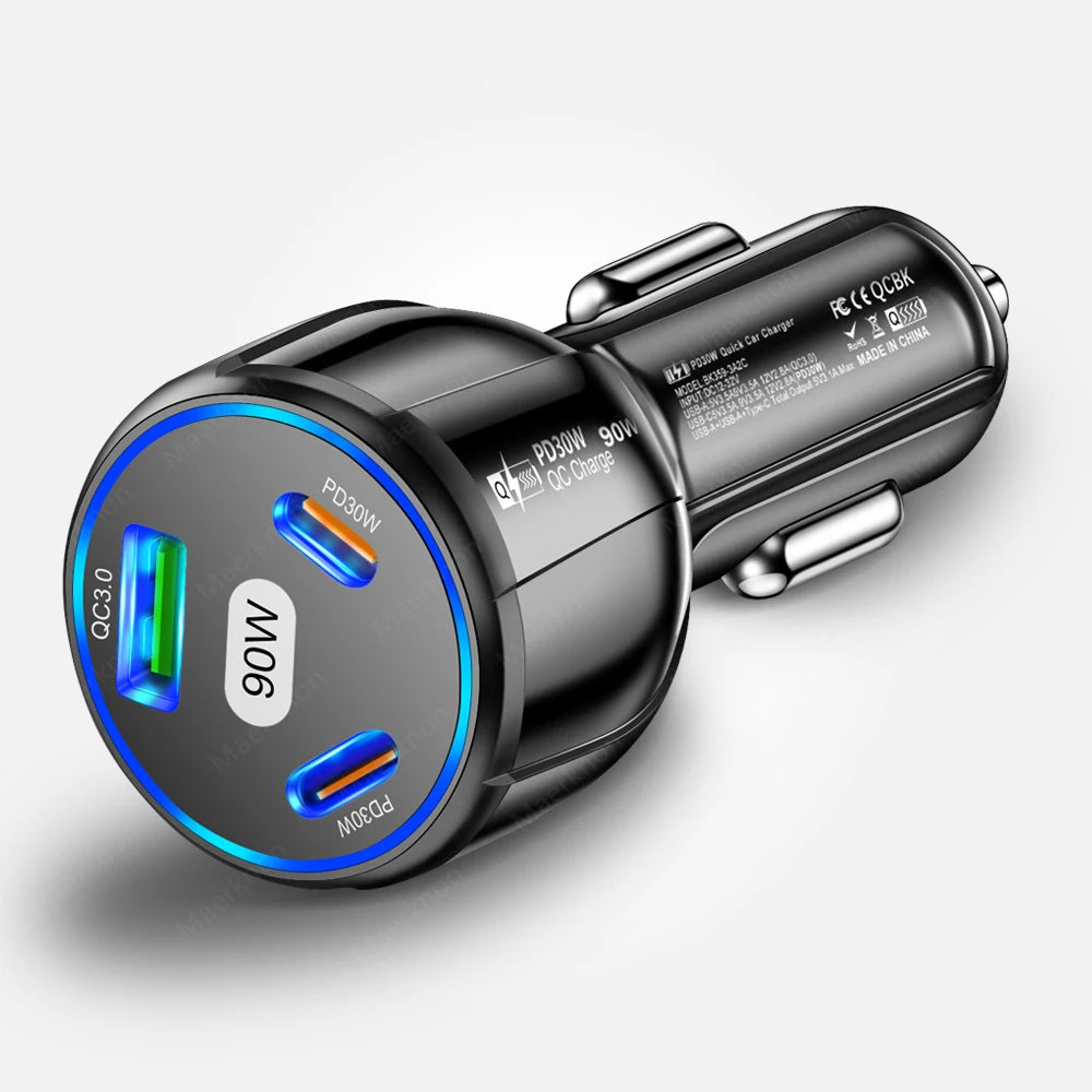 90W USB Car Charger 3 Port PD Type C Quick Charge Charger In Car.