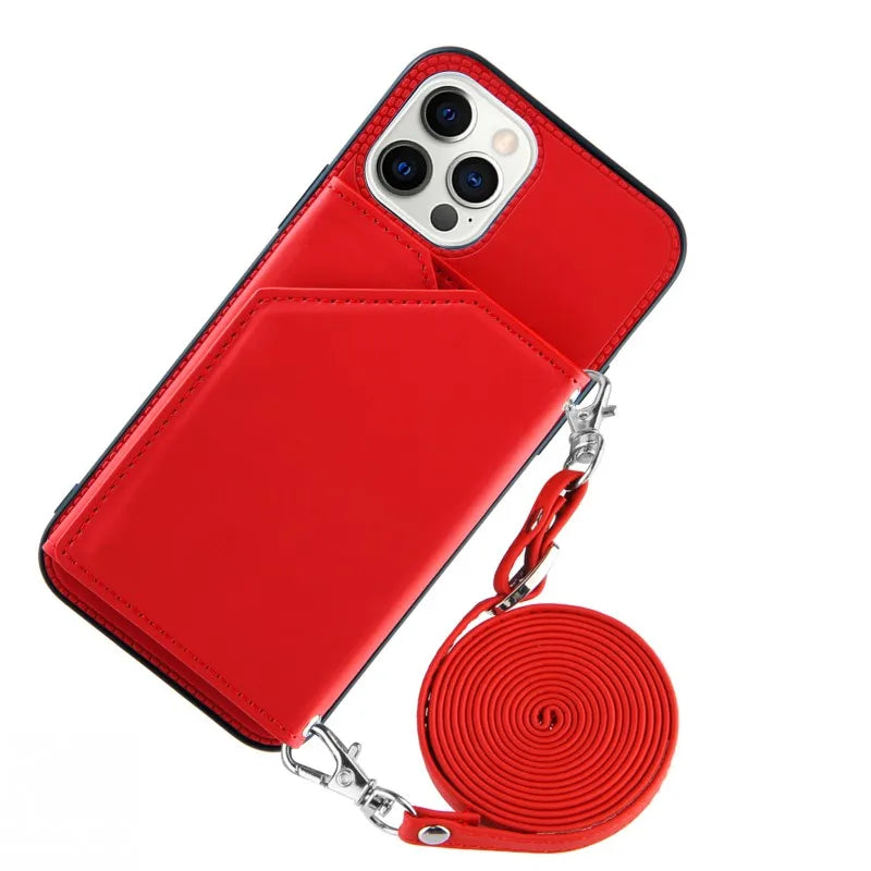 Wallet Case for iPhone Strap Card Slots Shockproof PU Leather Stand Crossbody Necklace Cover.