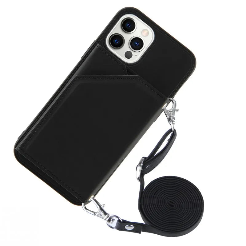 Wallet Case for iPhone Strap Card Slots Shockproof PU Leather Stand Crossbody Necklace Cover.