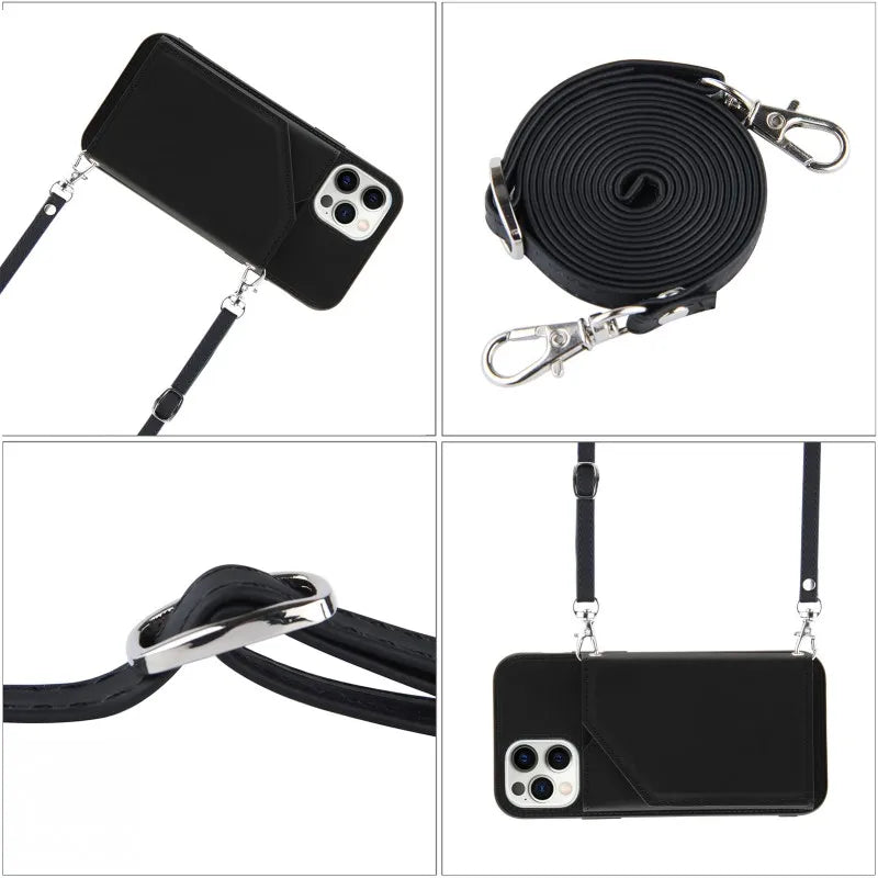 Wallet Case for iPhone Strap Card Slots Shockproof PU Leather Stand Crossbody Necklace Cover.