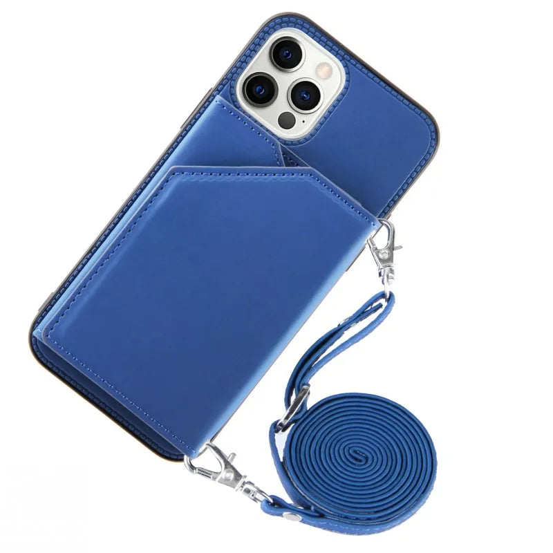 Wallet Case for iPhone Strap Card Slots Shockproof PU Leather Stand Crossbody Necklace Cover.