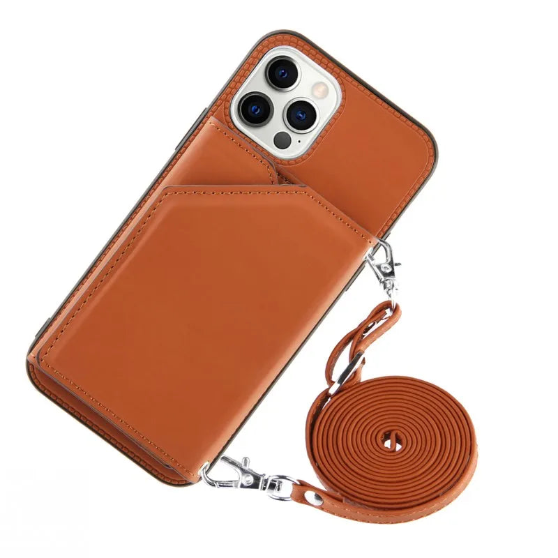 Wallet Case for iPhone Strap Card Slots Shockproof PU Leather Stand Crossbody Necklace Cover.