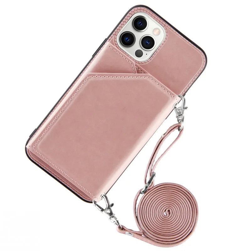 Wallet Case for iPhone Strap Card Slots Shockproof PU Leather Stand Crossbody Necklace Cover.