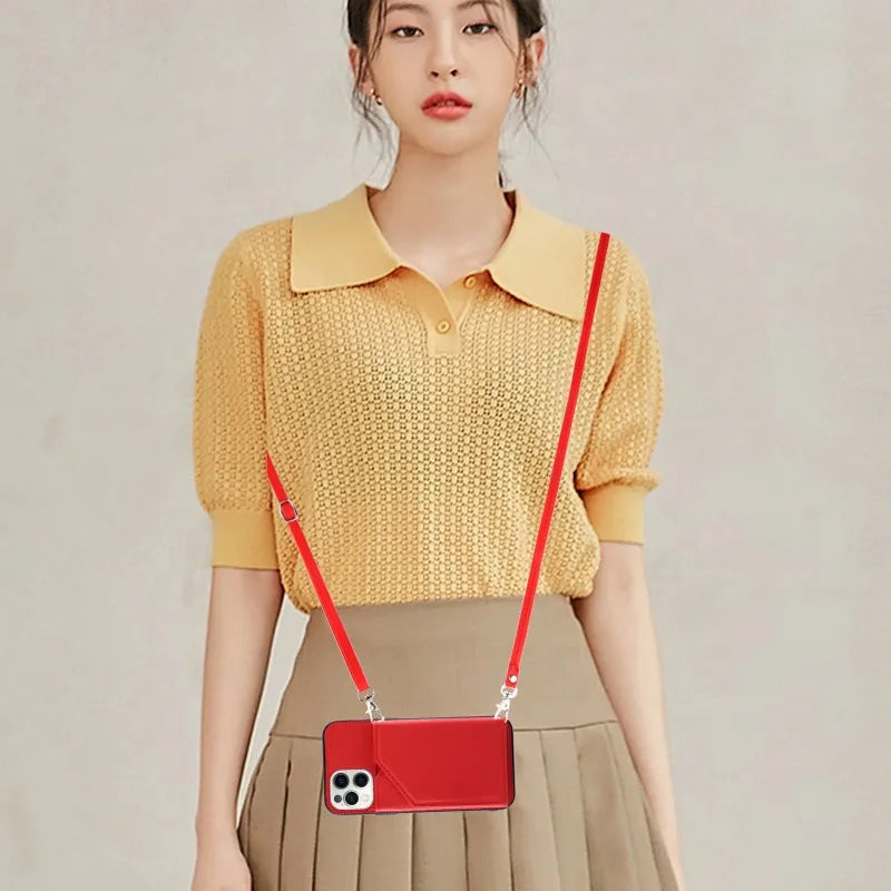 Wallet Case for iPhone Strap Card Slots Shockproof PU Leather Stand Crossbody Necklace Cover.