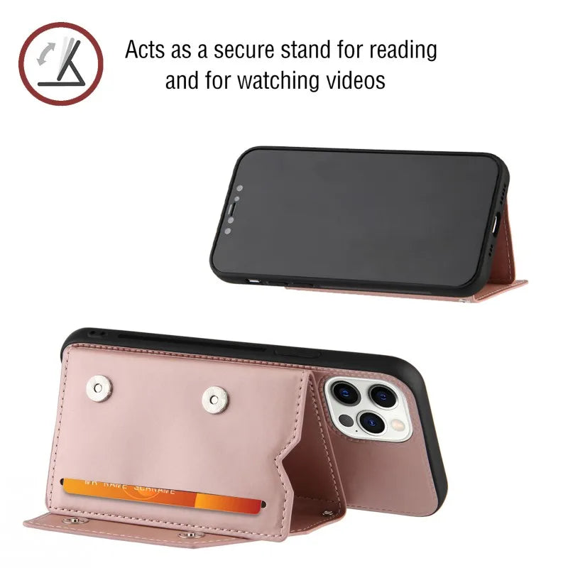 Wallet Case for iPhone Strap Card Slots Shockproof PU Leather Stand Crossbody Necklace Cover.
