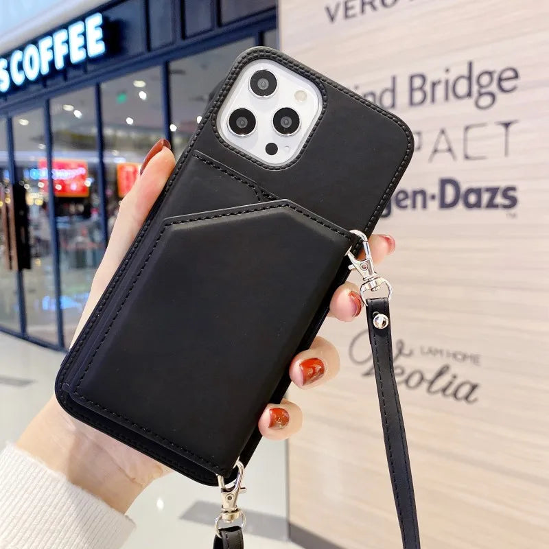Wallet Case for iPhone Strap Card Slots Shockproof PU Leather Stand Crossbody Necklace Cover.