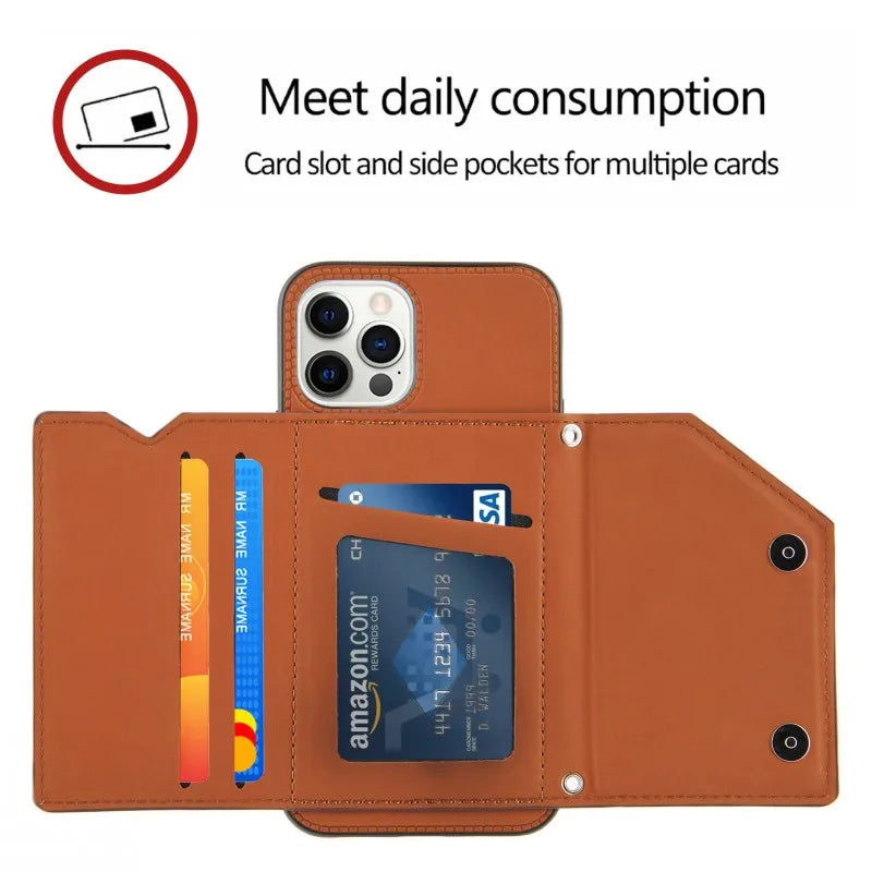 Wallet Case for iPhone Strap Card Slots Shockproof PU Leather Stand Crossbody Necklace Cover.
