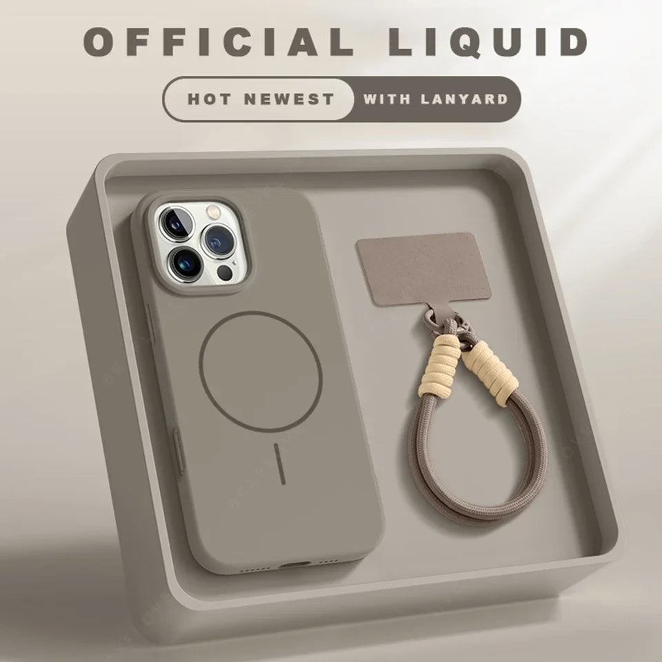 Magnetic Phone Case For iPhone Silicone Official Lanyard Magsafe Strap Protector Soft Cover