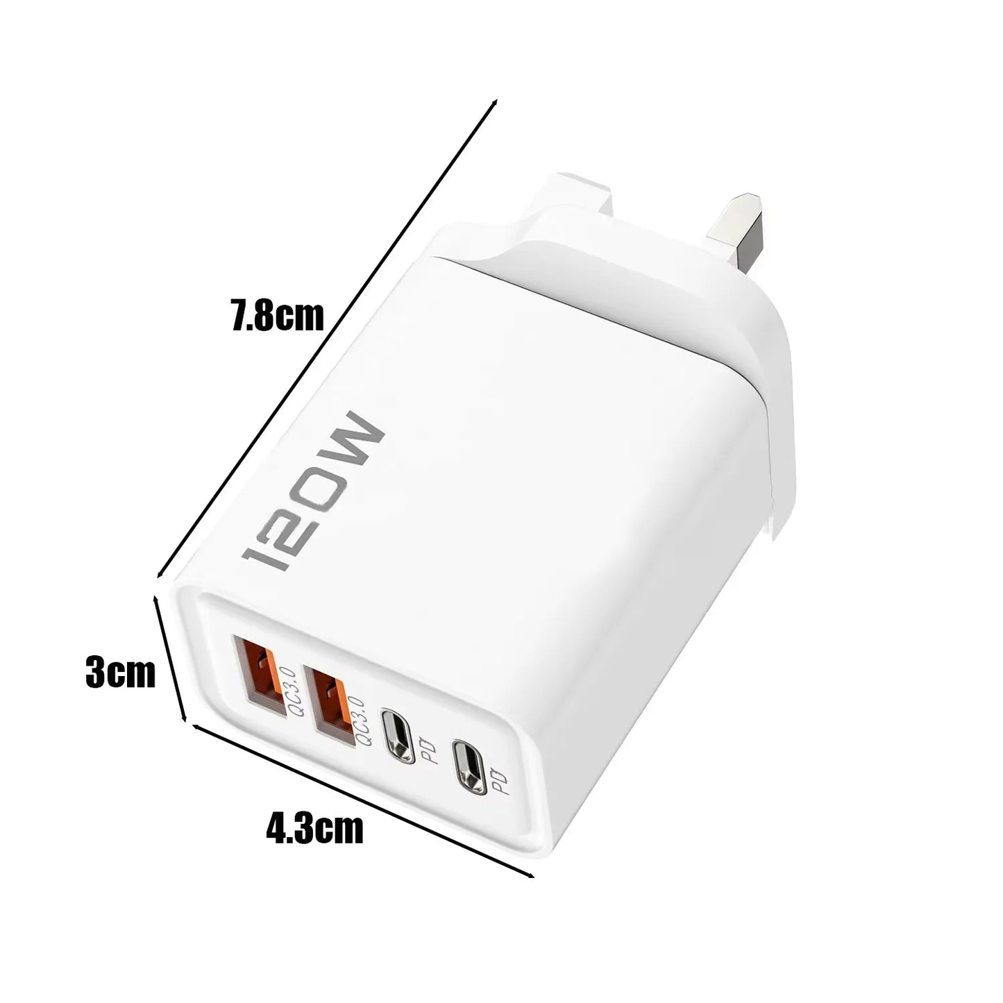 120W 4 Port USB Type C Charger Fast Charging Data Cable.