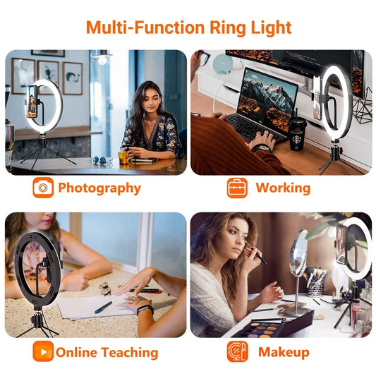 26cm 10 inch Led Ring Selfie Light Dimmable Photography Lighting Kit Usb Charge Lamp With Tripod For Live Video 120 Lamp Beads.