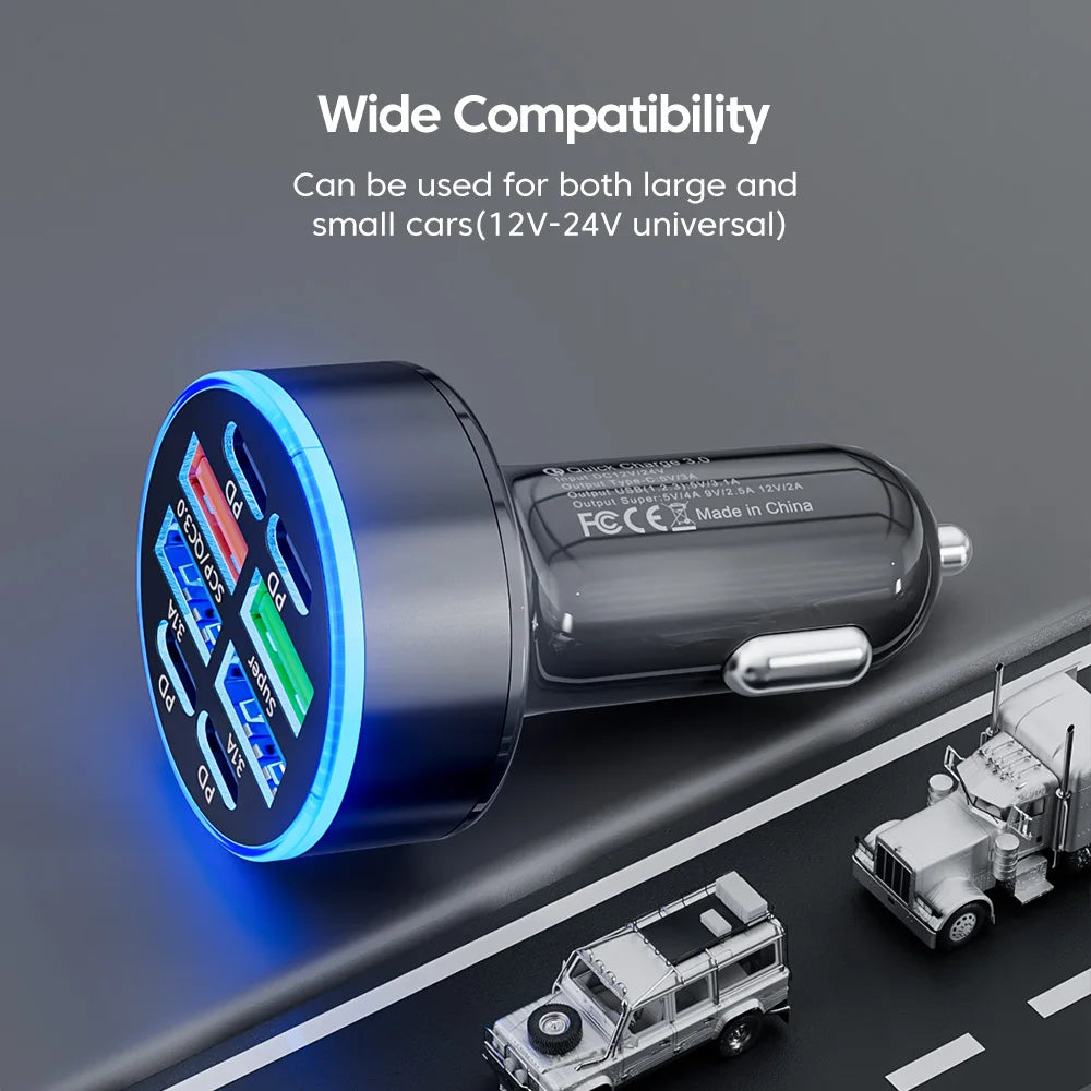 100W 6 Ports Car Charger Fast Charging USB Type C Car Lighter PD QC3.0 Car Phone Charger.