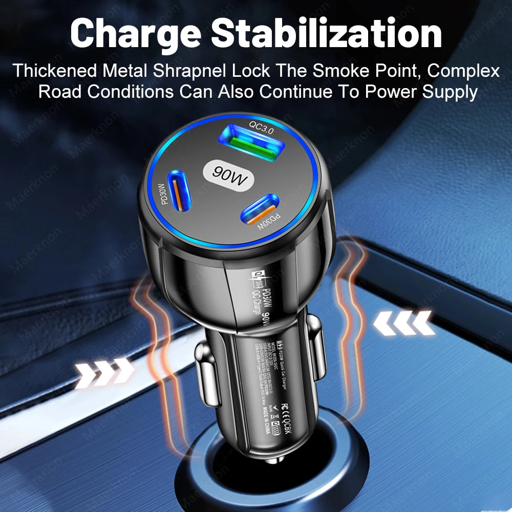 90W USB Car Charger 3 Port PD Type C  Quick Charge Charger In Car.