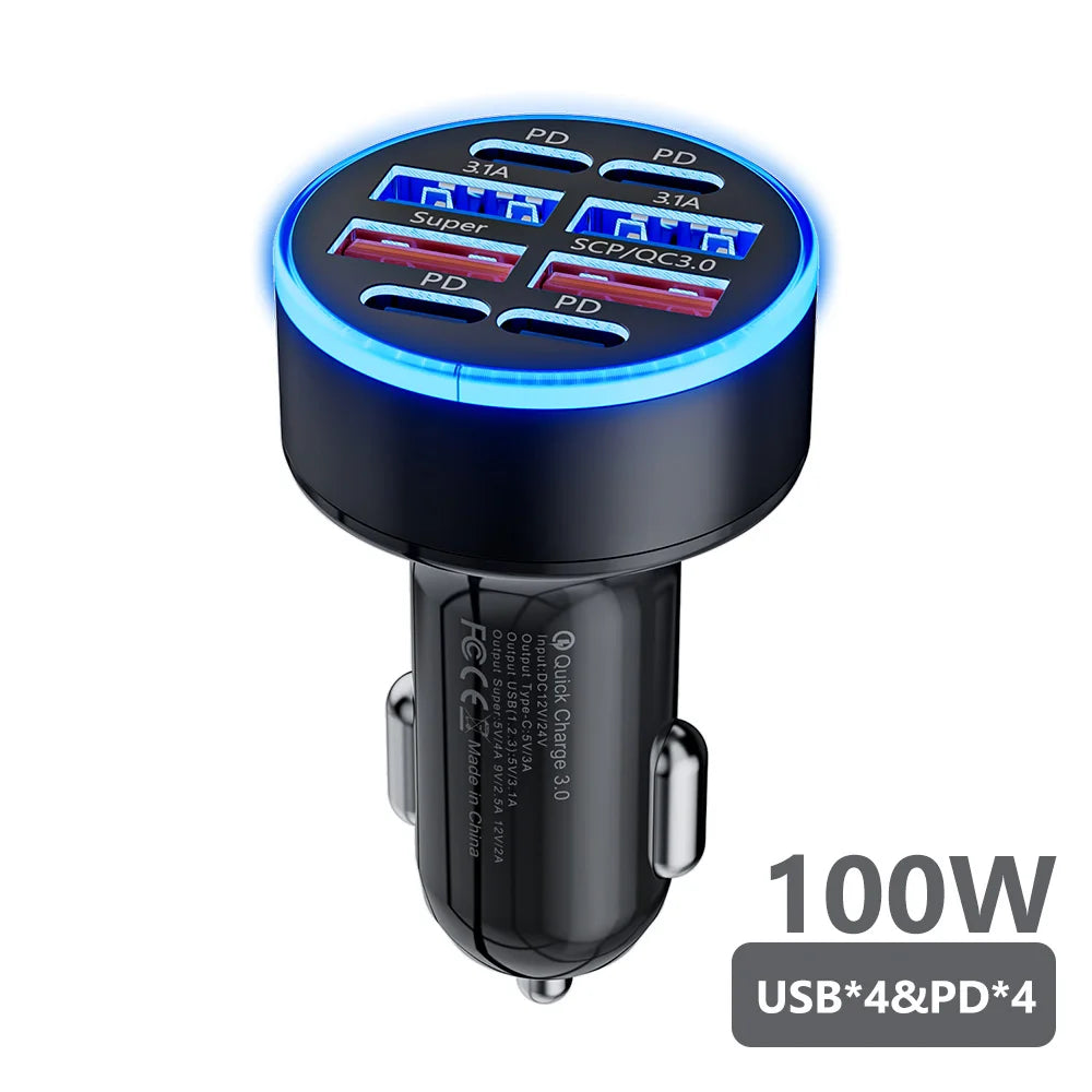 100W 6 Ports Car Charger Fast Charging USB Type C Car Lighter PD QC3.0 Car Phone Charger.