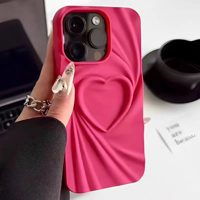Fashion Fold Wrinkle 3D Love Heart Phone Case For iPhone Matte Silicone Full Cover.