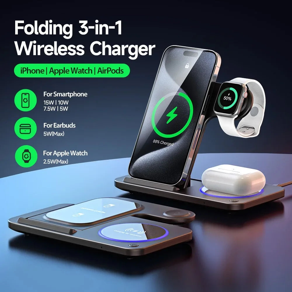 30W LED Fast Wireless Charger Stand 3 in 1 Foldable Charging Station for IPhone .
