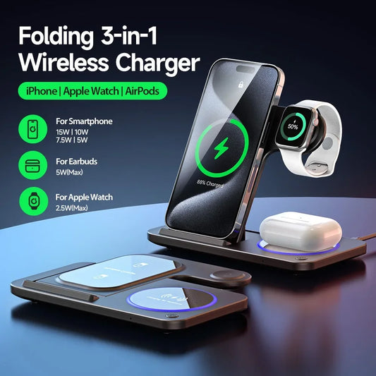 30W LED Fast Wireless Charger Stand 3 in 1 Foldable Charging Station for IPhone .