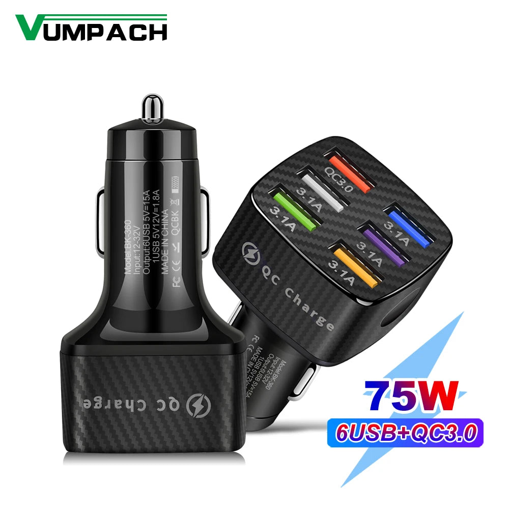 Vumpach 6 Ports USB Car Charge 75W Quick Charge 3.0 Fast Charging.