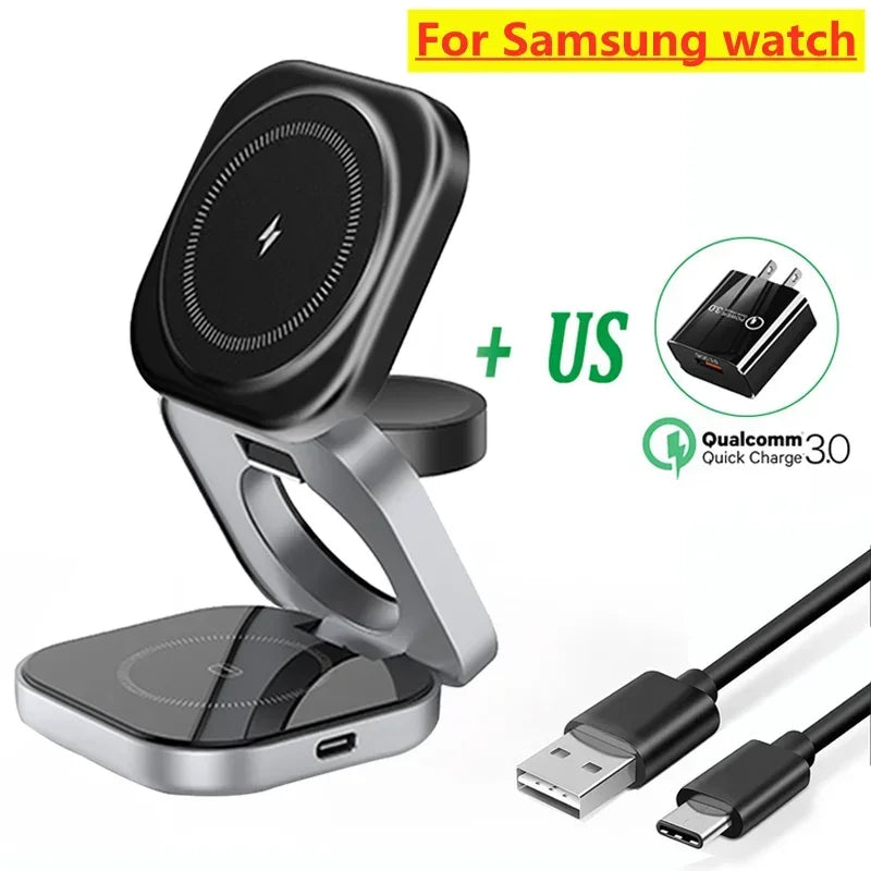 Foldable 3 In 1 Fast Magnetic Wireless Charger Stand Pad Magnet Wireless Charging Station For iPhone/Samsung Galaxy Phone Watch.
