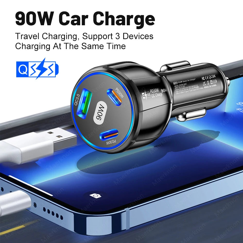 90W USB Car Charger 3 Port PD Type C  Quick Charge Charger In Car.