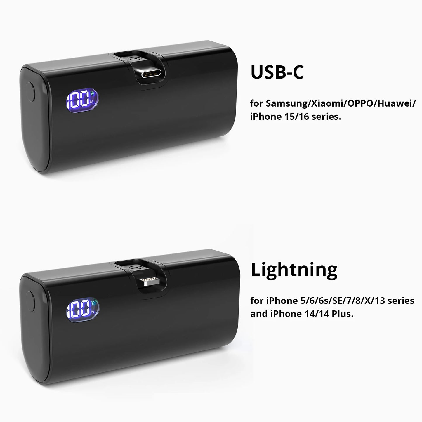 Mini Power Bank Fast Charging Portable Charger Foldable USB-C or Lightning External Battery Powerbank.