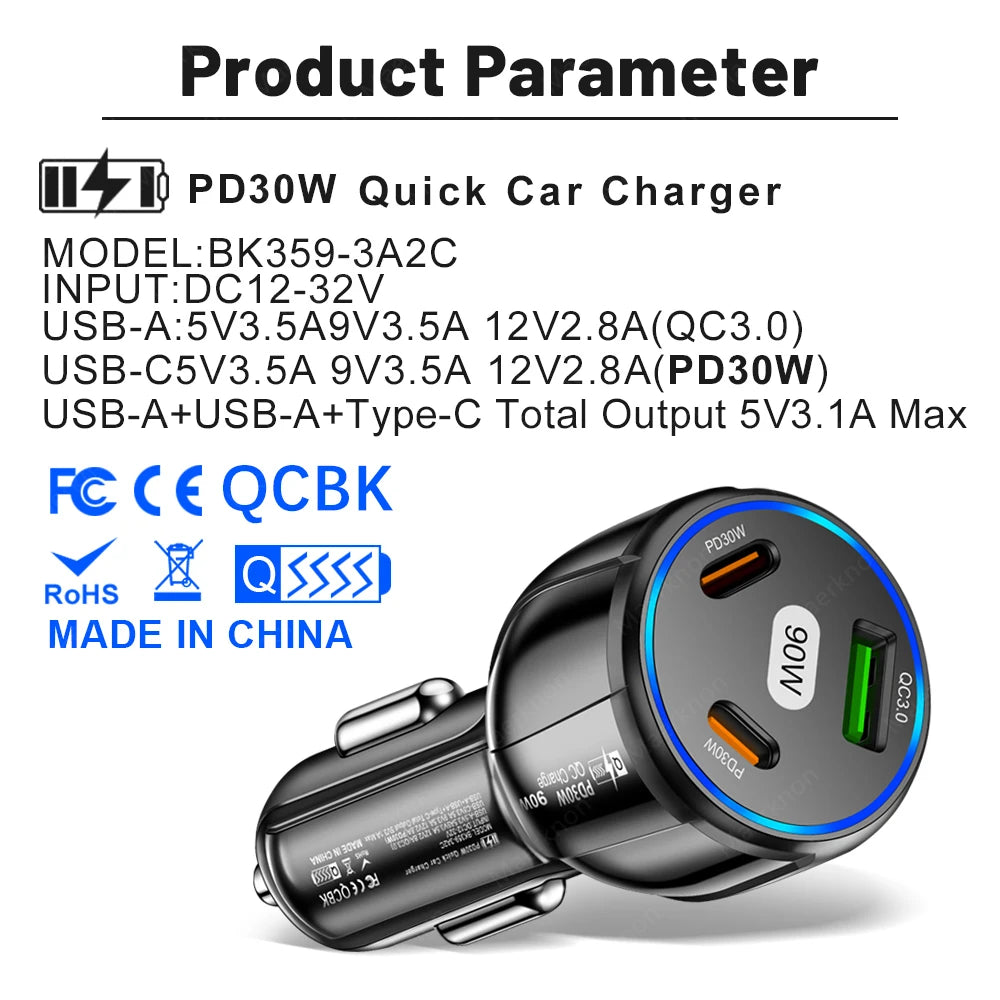 90W USB Car Charger 3 Port PD Type C  Quick Charge Charger In Car.