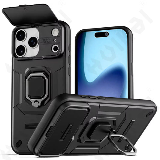 Case for iPhone Slide Camera Ring Stand Armor Anti-fall Protection Kickstand Cover.