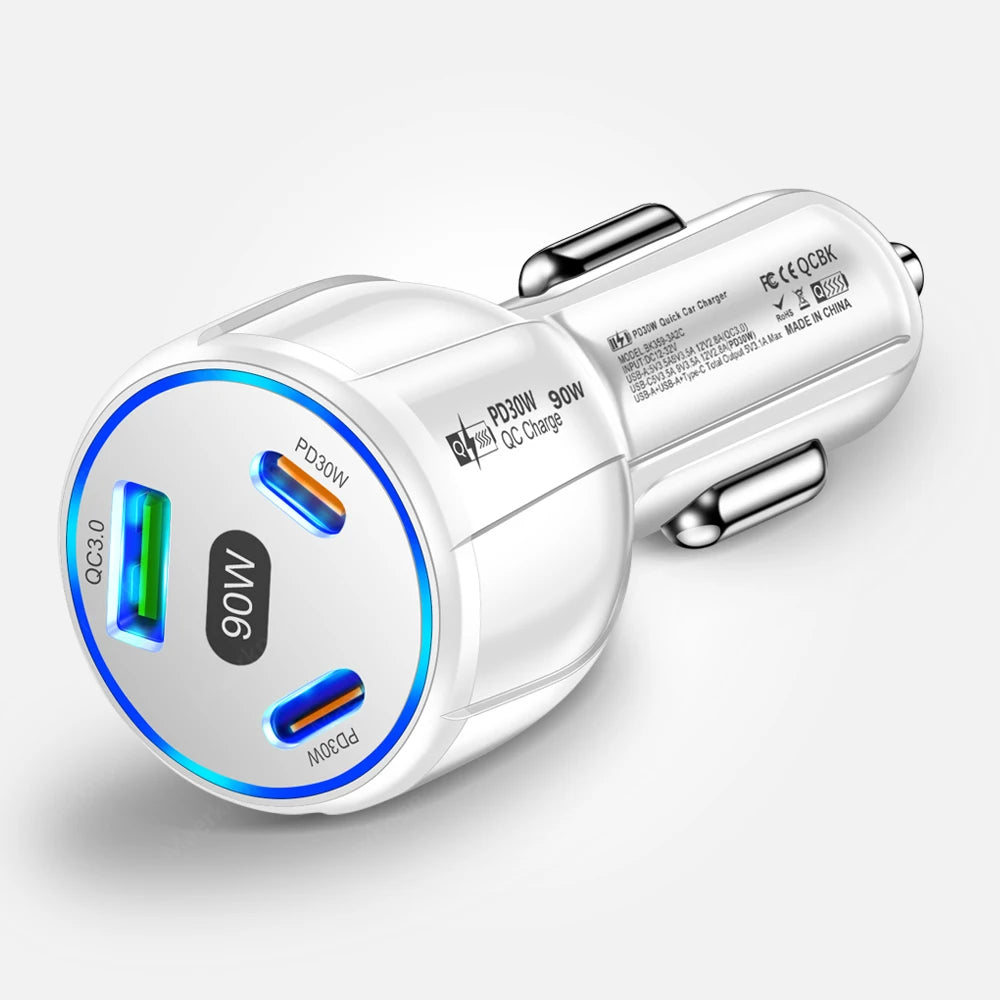 90W USB Car Charger 3 Port PD Type C  Quick Charge Charger In Car.