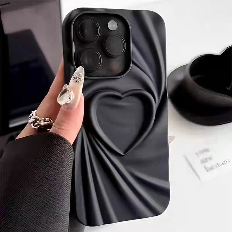 Fashion Fold Wrinkle 3D Love Heart Phone Case For iPhone Matte Silicone Full Cover.