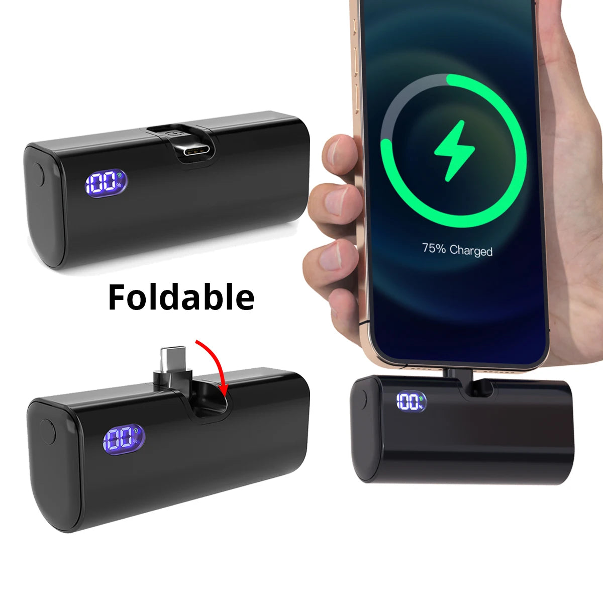 Mini Power Bank Fast Charging Portable Charger Foldable USB-C or Lightning External Battery Powerbank.