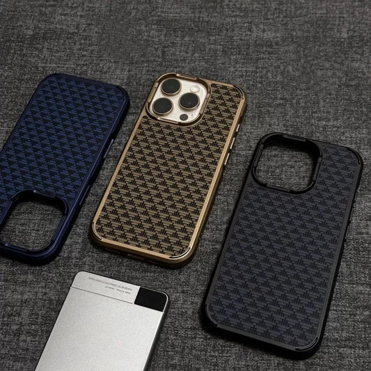 Luxury Carbon fiber  Kevlar Texture Shockproof Phone Case For iPhone Triangle Pattern Armor Hard Bumper Cover.