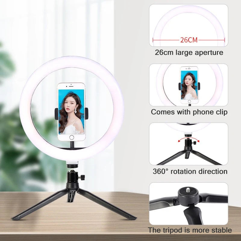 26cm 10 inch Led Ring Selfie Light Dimmable Photography Lighting Kit Usb Charge Lamp With Tripod For Live Video 120 Lamp Beads.