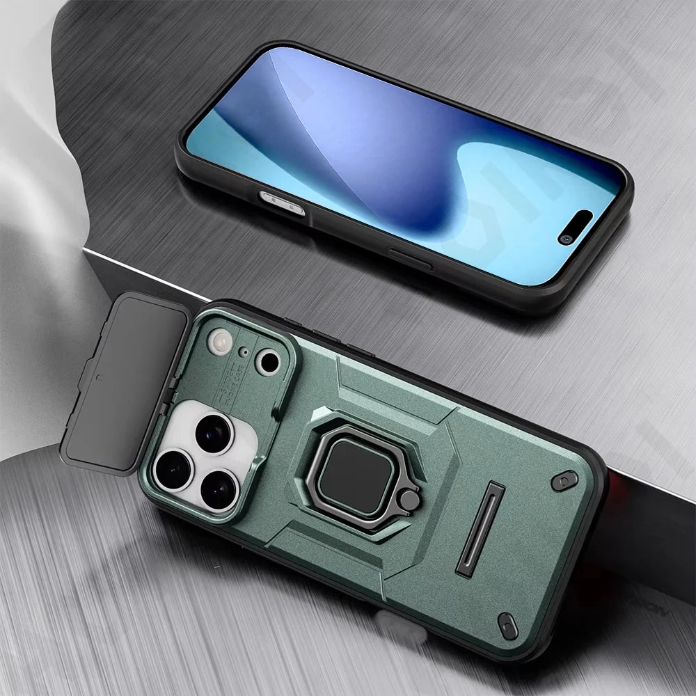 Case for iPhone Slide Camera Ring Stand Armor Anti-fall Protection Kickstand Cover.
