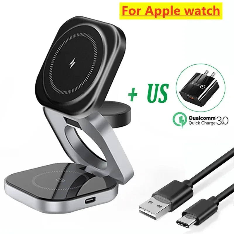 Foldable 3 In 1 Fast Magnetic Wireless Charger Stand Pad Magnet Wireless Charging Station For iPhone/Samsung Galaxy Phone Watch.