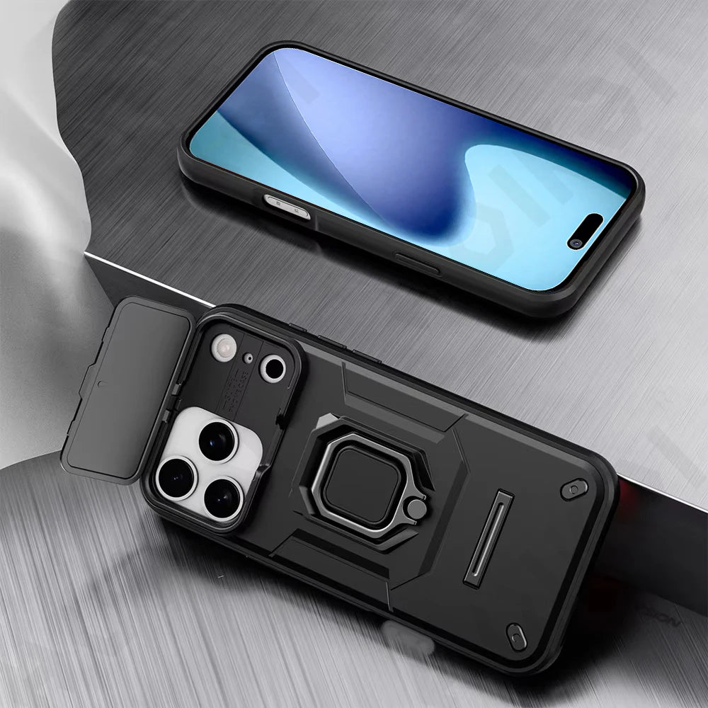 Case for iPhone Slide Camera Ring Stand Armor Anti-fall Protection Kickstand Cover.