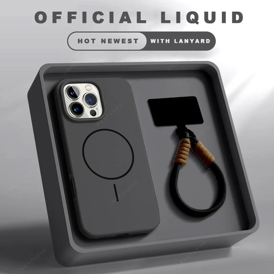 Magnetic Phone Case For iPhone Silicone Official Lanyard Magsafe Strap Protector Soft Cover