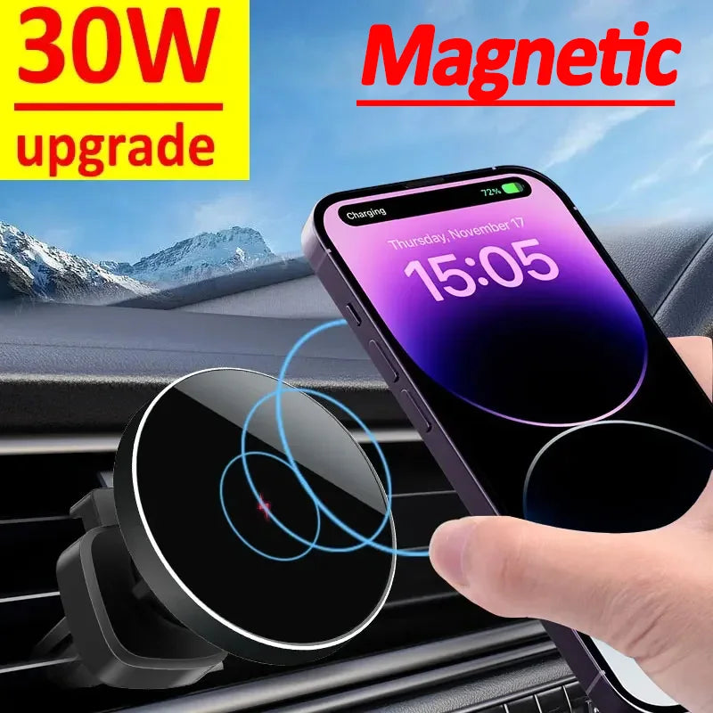 30W Magnetic Car Wireless Charger Phone Holder Stand Car Mount Fast Charging Dock Station.