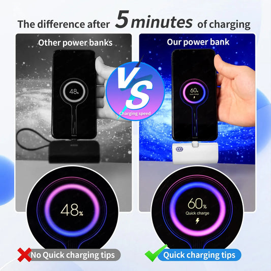 Mini Power Bank Fast Charging Portable Charger Foldable USB-C or Lightning External Battery Powerbank.