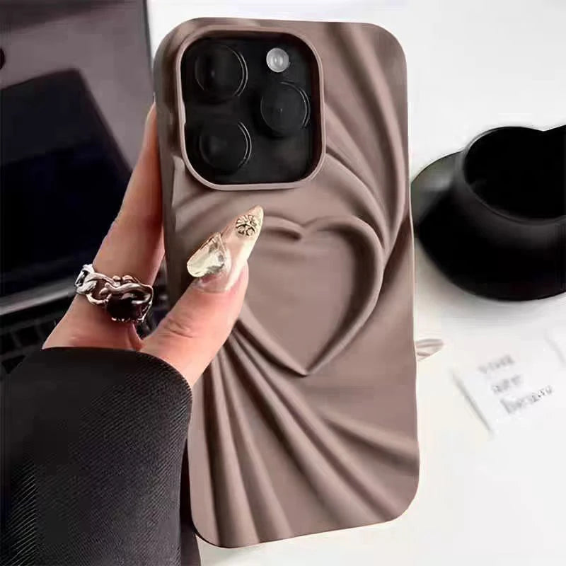 Fashion Fold Wrinkle 3D Love Heart Phone Case For iPhone Matte Silicone Full Cover.