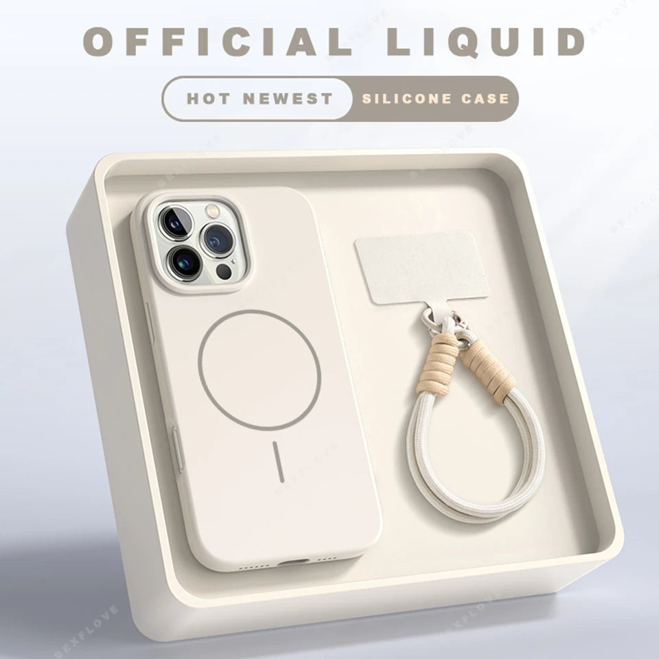 Magnetic Phone Case For iPhone Silicone Official Lanyard Magsafe Strap Protector Soft Cover
