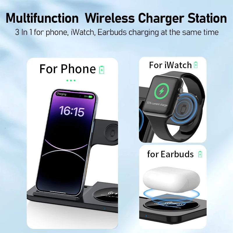 300W Fast Wireless Charger Stand Pad Foldable Fast Charging Station Dock for iPhone Apple Watch Airpods.