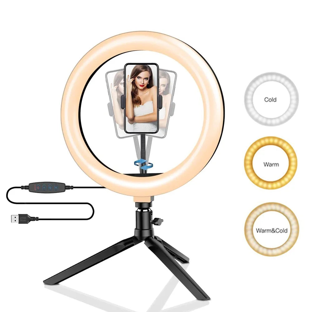 26cm 10 inch Led Ring Selfie Light Dimmable Photography Lighting Kit Usb Charge Lamp With Tripod For Live Video 120 Lamp Beads.