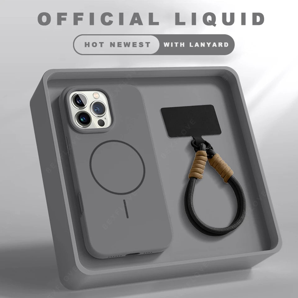 Magnetic Phone Case For iPhone Silicone Official Lanyard Magsafe Strap Protector Soft Cover