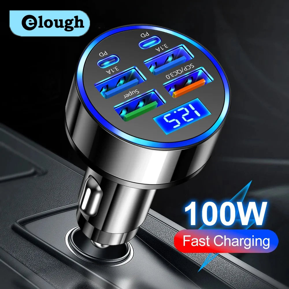 100W 6 Ports Car Charger Fast Charging USB Type C Car Lighter PD QC3.0 Car Phone Charger.