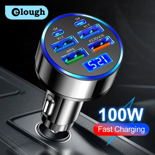100W 6 Ports Car Charger Fast Charging USB Type C Car Lighter PD QC3.0 Car Phone Charger.