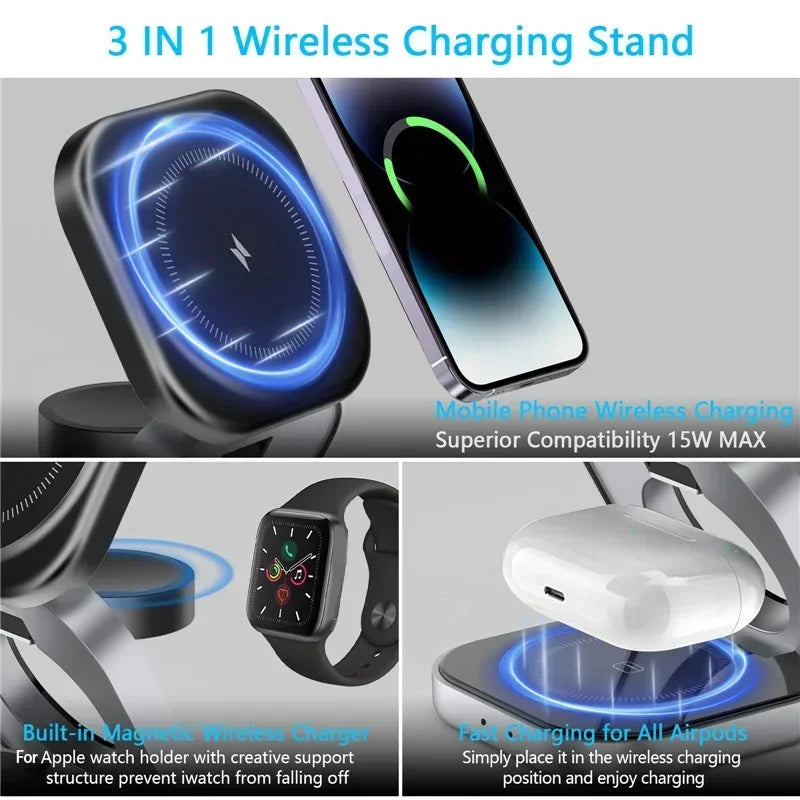 Foldable 3 In 1 Fast Magnetic Wireless Charger Stand Pad Magnet Wireless Charging Station For iPhone/Samsung Galaxy Phone Watch.