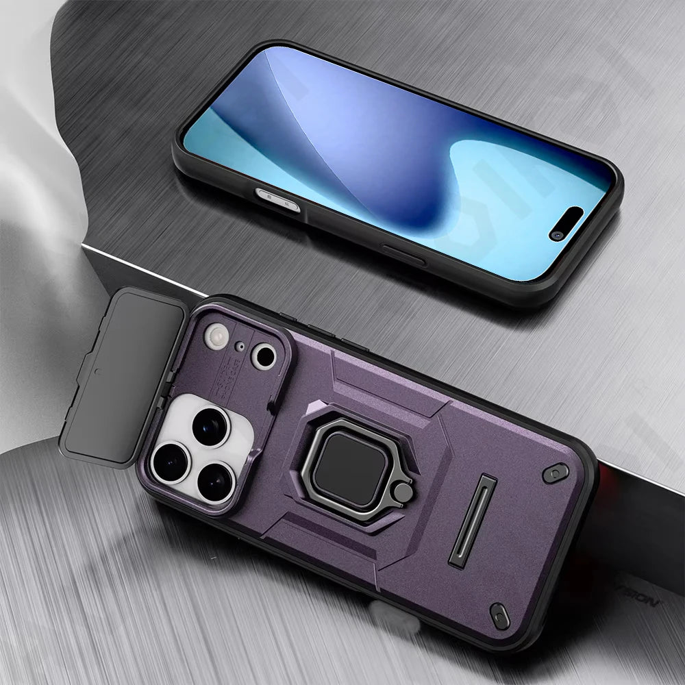 Case for iPhone Slide Camera Ring Stand Armor Anti-fall Protection Kickstand Cover.